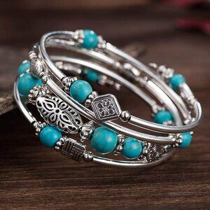 Layered Wrap Bangle Turquoise Bracelet - Bead Bracelet with Natural Agate Stone